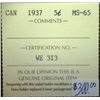 Image 3 : Canada - 5 Cents - 1937 - ICCS - MS-65