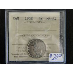 Canada - 5 Cents - 1958 - ICCS - MS-64