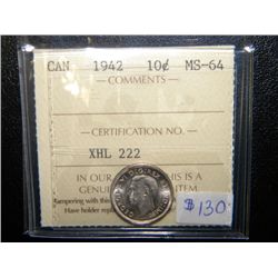 Canada - 10 Cents - 1942 - ICCS - MS-64