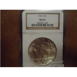 1924 PEACE SILVER DOLLAR NGC MS62