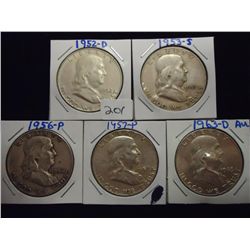 1952-D,53-S,56,57 & 63-D FRANKLIN HALF DOLLARS