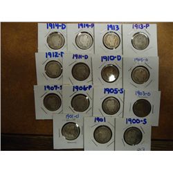 15 ASSORTED BARBER DIMES SEE DESCRIPTION