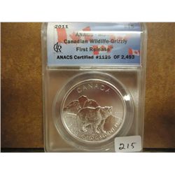 2011 CANADA WILDLIFE $5 GRIZZLY ANACS MS69