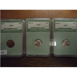 1950 P/D/S SILVER ROOSEVELT DIMES ALL NTC MS67'S