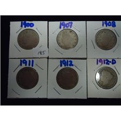 1900,07,08,11,12 & 12-D LIBERTY "V" NICKELS