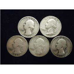 5 ASSORTED 1930'S WASHINGTON SILVER QUARTERS