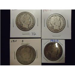1900-O,09-O,11-S & 13-D BARBER HALF DOLLARS