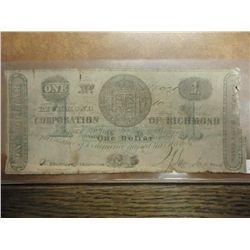 1861 CORPORATION OF RICHMOND $1 OBSOLETE BANK NOTE