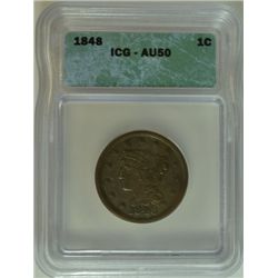 1848 LARGE CENT, ICG AU-50