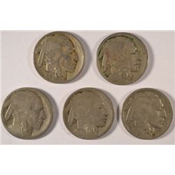 5 DIFFERENT BUFFALO NICKELS (17-D,17-S,18,18-D,18-S) AG-VG