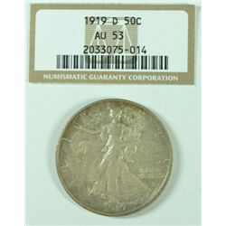 1919-D WALKING LIBERTY HALF DOLLAR,  ( NGC  AU-53 )  CERT. WITH COIN  RARE!!