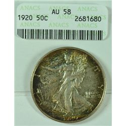 1920 WALKING LIBERTY HALF DOLLAR,  ( ANACS AU-58 ) WITH COLOR! CERT WITH COIN