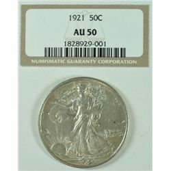1921 WALKING LIBERTY HALF DOLLAR,  ( NGC AU-50 ) CERT WITH COIN, VERY VERY RARE!
