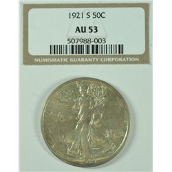 1921-S WALKING LIBERTY HALF DOLLAR, ( NGC AU-53 ) CERT WITH COIN, SUPER RARE!!