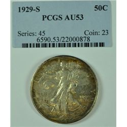1929-S WALKING LIBERTY HALF DOLLAR,  (  PCGS AU-53 ) CERT WITH COIN
