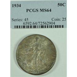 1934 WALKING LIBERTY HALF DOLLAR,  ( PCGS MS-64 ) CERT. WITH COIN