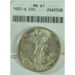 1937-S WALKING LIBERTY HALF DOLLAR, ( ANACS MS-61 ) CERT. WITH COIN