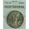 Image 1 : 1938 WALKING LIBERTY HALF DOLLAR,  ( ANACS MS-63 ) CERT. WITH COIN