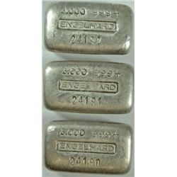 A SET OF THREE 3 OUNCE OLD POURED ENGELHARD .999 SILVER BARS