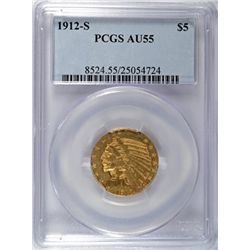 1912-S $5.00 INDIAN GOLD PCGS AU55 SCARCE