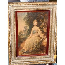 VINTAGE WOOD GUILDED FRAMED PICTURE  LADY & DOG 