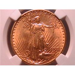 1908 $20 Gold St. Gaudens MS62 NGC