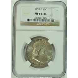 1953-D FRANKLIN HALF DOLLAR, NGC MS-64 FBL  NICE