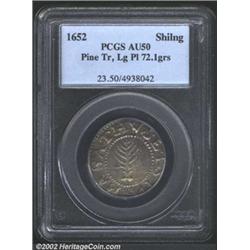 1652 SHILNG Pine Tree Shilling, Large Planchet AU50 PCGS.