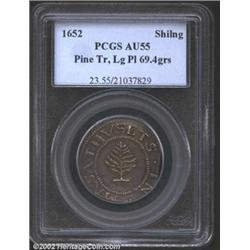 1652 SHILNG Pine Tree Shilling, Large Planchet AU55 PCGS.