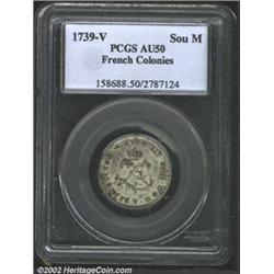 1739-V SOU M French Colonies Sou Marque AU50 PCGS.