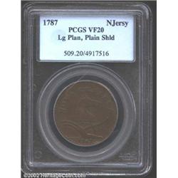 1787 COPPER New Jersey Copper, Large Planchet, Plain Shield VF20 PCGS.