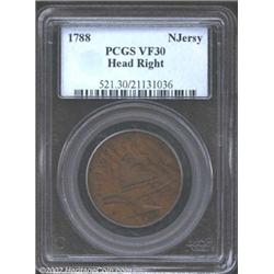 1788 COPPER New Jersey Copper, Head Right VF30 PCGS.