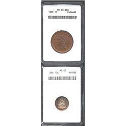 1850 Cent MS63 Brown ANACS, well struck with smooth and pleasing chocolate-brown surfaces; and an 18