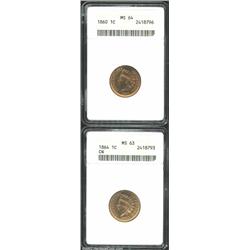 1860 1C MS64 ANACS, lustrous with bright gold color, sharply struck and very clean; and an 1864 Copp