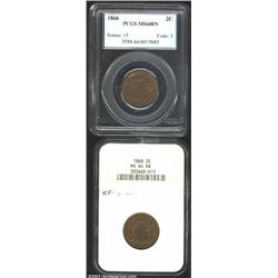 1866 2C MS64 Brown PCGS, an incredibly bold strike with flashes of faded mint color on each side; an