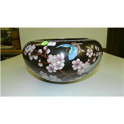 lovely Cloisonne large bowl with flowers, butterfly, tree scene, cond VG 7x12