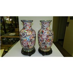 2 piece lovely Cloisonne large vases on wooded base w/ flowers, butterfly, bird scene, cond VG 23"