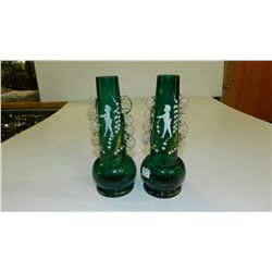 2 piece vintage pinch art glass  Bohemia vases w/ mary gregory paintings of young boy cond VG 8 3/4