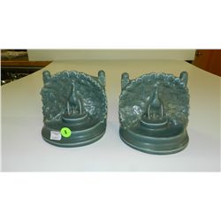 Pair of Rookwood Peacock Bookends 1922, shape #2445 {height 4 1/2 inches; width 5 1/8 inches