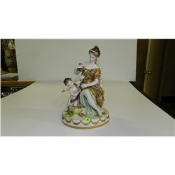 amazing porcelain Volkstedt figure with young lady & Angel, hand painted, cond VG 12 3/4 tall
