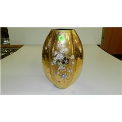 CZECH BOHEMIAN GREEN ART GLASS VASE W/ GOLD ENAMEL & HAND PAINTED PORCELAIN FLOWERS  COND VG 10"