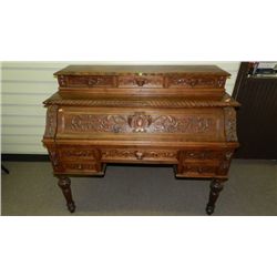 breathtaking antique carved 1860's hunters desk with lion's? face pulls. true master carvings, SSR