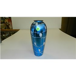 stunning Antique Durand Art Glass 11" Vase Blue Iridized W White Leaf & Vine Decor