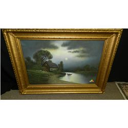 lovely antique framed pastel painting of cabin on sunset lake, signed LL, great original frame