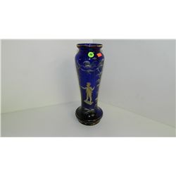 lovely cobalt hand painted Mary Gregory bohemian glass vase child on swing, cond VG 13"