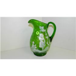lovely green hand painted Mary Gregory bohemian glass pitcher child feeding dog, cond VG 10"