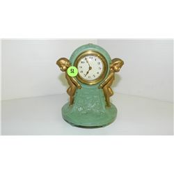 nice vintage painted metal putti figural desk clock, German cond VG 6"
