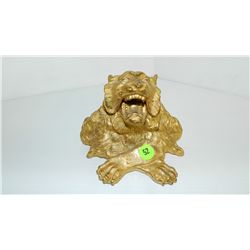 unique antique cast metal gold wash painted fierce tiger ink well, cond VG marked JB 541,  4 3/4