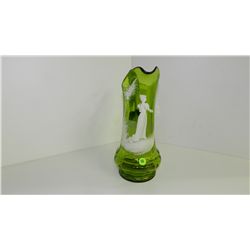 lovely green hand painted Mary Gregory bohemian glass pitcher, young lady, cond VG, line by handle?