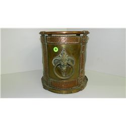 unique Arts & Crafts custom made bronze/ brass & copper trash can with lion's head, marked by maker